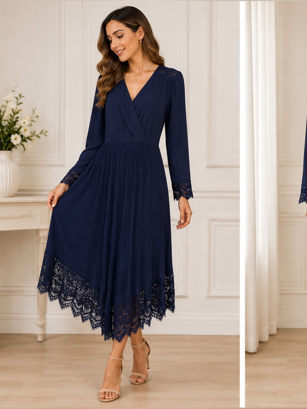 Liquorish Navy Blue Pleated Maxi Dress Lace Trim V-Neck Long Sleeve NWT Size 10